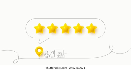 Delivery five stars review icons. 5 stars rate banner. Customer rating feedback banner with human character. Man holding a box package near to delivery truck. Social media five 3d stars review. Vector