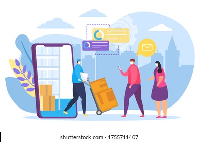 Delivery flat good in mask, vector illustration. Online grocery, person courier character bring product for client at quarantine. Order parcel in safe box, help at epidemic time, man from smartphone.