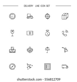 Delivery flat icon set set. Collection of high quality outline symbols of logistic for web design, mobile app. Vector thin line icons or logo of course, keep dry, list, truck, airplane, time, dolly.