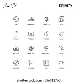 Delivery flat icon set set. Collection of high quality outline symbols of logistic for web design, mobile app. Vector thin line icons or logo of course, keep dry, list, truck, airplane, time, dolly.