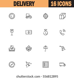 Delivery flat icon set set. Collection of high quality outline symbols of logistic for web design, mobile app. Vector thin line icons or logo of course, keep dry, list, truck, airplane, time, dolly.