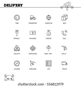 Delivery flat icon set set. Collection of high quality outline symbols of logistic for web design, mobile app. Vector thin line icons or logo of course, keep dry, list, truck, airplane, time, dolly.