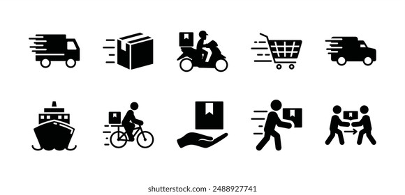 Delivery flat icon set. Shipping or shipment transportation. Containing truck, ship, box, package, cart, courier, bicycle, motorcycle, product, and client. Vector illustration