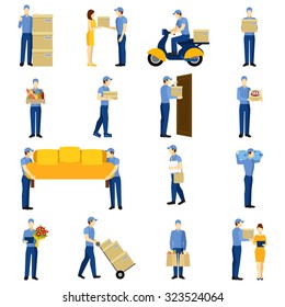 Delivery flat icons set with man silhouettes isolated vector illustration