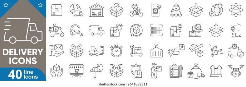 Delivery flat icons set. Minimal line icons featuring worldwide shipping, courier, package tracking, cargo, express mail, secure transportation and more. Vector illustration with editable stroke