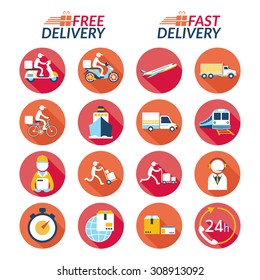 Delivery Flat Icons Set, Shipping, Transport, Order, Service, Fast and Free