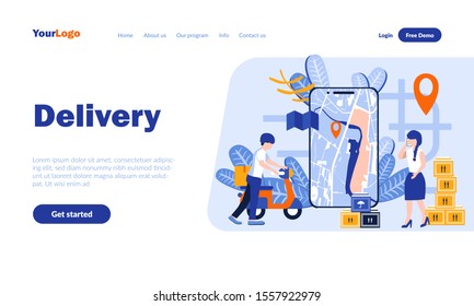 Delivery flat landing page template with header. Post service web banner, homepage design. Shipping, order transportation vector illustration. Mail, package express delivery concept