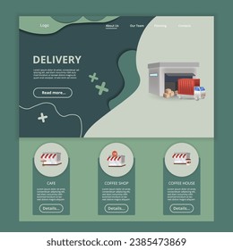 Delivery flat landing page website template. Cafe, coffee shop, coffee house. Web banner with header, content and footer. Vector illustration.