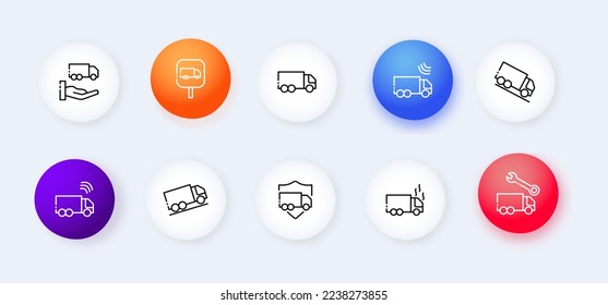 Juego de iconos de línea y plano de entrega. Neomorfismo, coche, producto, transporte, mano, signo, fiabilidad, descenso, velocidad, subida, reparación, negocio, ventas. Concepto de transporte de carga. Icono de vector plano y de línea.