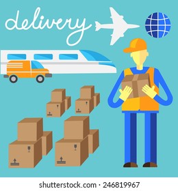 Delivery flat set of logistics packing and process delivery services vector illustration