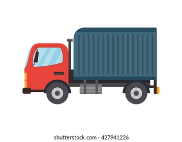 Delivery flat style vector truck illustration. Isolated on white. Side view. Logistics and delivery vehicle trendy style icon.
