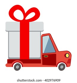 Delivery flat transport truck, van with gift box pack on white. Delivery service van, delivery truck, gift box. Wedding box, birthday box. Product goods shipping transport vector illustration.