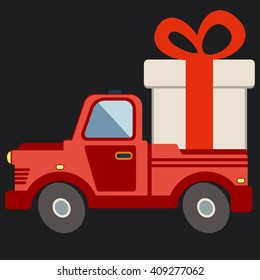 Delivery flat transport truck, van with gift box pack on black. Product goods shipping transport vector illustration.