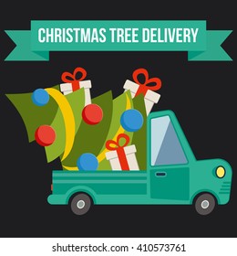 Delivery flat transport truck, van with gift boxes and christmas tree on black. Product goods shipping transport vector illustration.