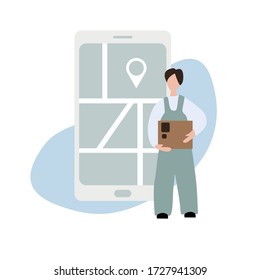 delivery flat vector illustration. Man cartoon character receiving order. Deliveryman , guy carrying box with things isolated design elements. courier service.