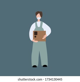 Delivery flat vector illustration- men with box - Safe delivery during coronavirus. Man cartoon character receiving order. Delivery man isolated design elements.