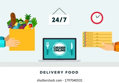 Delivery food around the clock. Vector flat illustration. Fast food delivery through the application