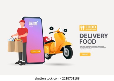 Delivery food boy handing package food with seeing customer location map on mobile phone. food ordering and delivery concept with yellow scooter