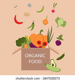 Delivery food in cardboard box from grocery store. Shipping order with products from supermarket. Vector cartoon illustration of package with vegetables. Donation food