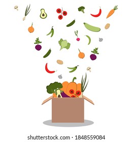 Delivery food in cardboard box from grocery store. Shipping order with products from supermarket. Vector cartoon illustration of package with vegetables. Donation food
