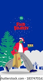 Delivery of food to the Christmas table during the prevention of the coronavirus Covid-19. A courier in a mask with a package in his hands dressed as Santa Claus. Vertical. Copy space