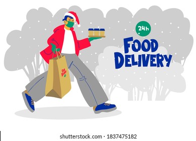 Delivery of food to the Christmas table during the prevention of the coronavirus Covid-19. A courier in a mask with a package in his hands dressed as Santa Claus. Vector flat illustration. 