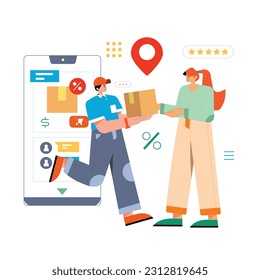 Delivery food concept. a courier delivers an order to a customer. vector illustration