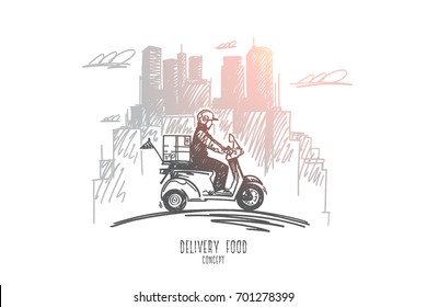 Delivery food concept. Hand drawn delivery scooter on its way to deliver food, modern buildings on background. Pizza man isolated vector illustration.