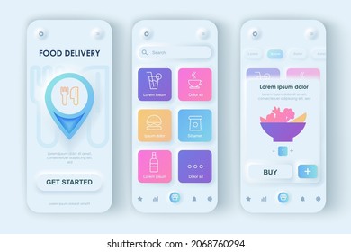 Concepto de alimento de entrega, conjunto de plantillas neumórficas. Opciones de comida o bebida, pedidos online, servicio de entrega en casa. pantallas de interfaz de usuario, UX, GUI para aplicaciones móviles receptivas. Kit de diseño de vectores en estilo neumorfismo