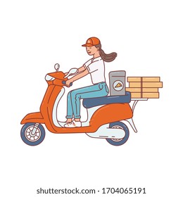 Delivery food courier - girl character riding motorcycle with pizza boxes, sketch cartoon vector illustration isolated on white background. Urban transportation symbol.