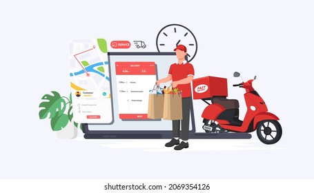 Delivery Food Express and scooter shipping with a Laptop - vector illustration