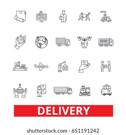 Delivery, food, free delivery, courier, truck, pizza delivery, transportation line icons. Editable strokes. Flat design vector illustration symbol concept. Linear signs isolated on white background