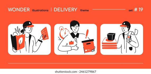 Delivery of food and goods - line design style illustration with copy space for text. Composition with courier from grocery store, messenger with box, man brought pizza and cash register with receipt