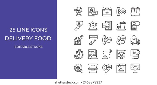 Conjunto de iconos de alimentos de entrega ilustración de diseño de Vector de stock trazo editable. hamburguesa, embalaje, camión y más
