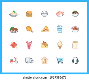 delivery food linear icons and color icons. pasta, hamburger, rice, noodle. Set of chicken, coffee symbols drawn with thin contour lines. Vector illustration.