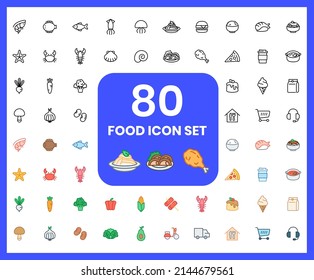 delivery food, food linear icons and color icons. pasta, hamburger, rice, noodle. Set of chicken, coffee symbols drawn with thin contour lines. Vector illustration.