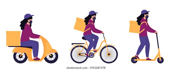 Delivery of food and medications to home. Woman courier in protective mask delivers parcel by electric scooter, by motorcycle, by bike