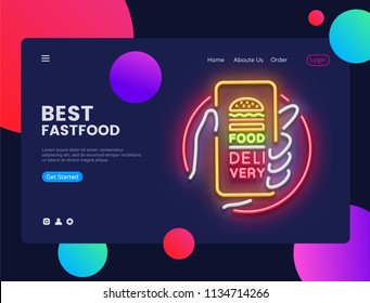 Delivery Food Neon Horizontal Web Banner Vector. Fast Food Advertising banner web interface in modern trend design, neon style, bright night advertising, design template. Vector illustration