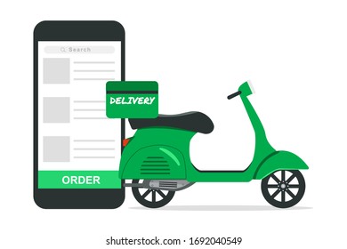delivery food online concept.green scooter on mobile application