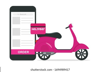 delivery food online concept.pink scooter on mobile application