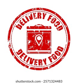 Delivery food rubber stamp, fast shipping courier, service express package, transport logo illustration, vector hot meal takeaway, order parcel