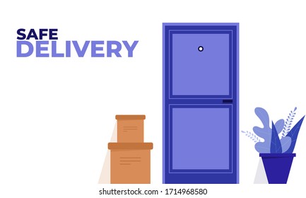 Delivery food safe during coronavirus pandemic. Quarantine epidemic, Safe contact delivery to home. Courier protected medical mask and gloves.