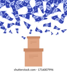 Delivery food safe during coronavirus pandemic. Falling dollars to ordered boxes. Quarantine epidemic, Safe contact delivery to home. 
