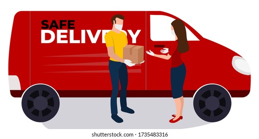 Delivery food safe during coronavirus pandemic. Quarantine epidemic, Safe contact delivery to home. Courier protected medical mask and gloves.