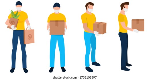 Delivery food safe during coronavirus pandemic. Quarantine epidemic, Safe contact delivery to home. Courier protected medical mask and gloves.