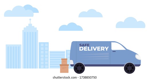 Delivery food safe during coronavirus pandemic. Quarantine epidemic, Safe contact delivery to home. Courier protected medical mask and gloves.