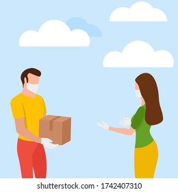 Delivery food safe during coronavirus pandemic. Quarantine epidemic, Safe contact delivery to home. Courier protected medical mask and gloves.