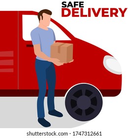 Delivery food safe during coronavirus pandemic. Quarantine epidemic, Safe contact delivery to home. Courier protected medical mask and gloves.