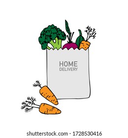 Delivery food service background. Paper bag with vegetables. Craft package with food, vegetables. Cartoon drawing with local farm products. Set of vegetarian food. Farmers market vegetables