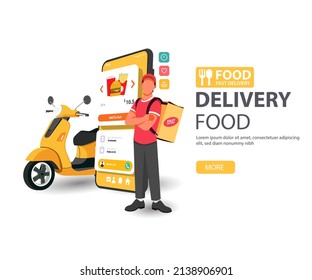 Delivery food service concept, Courier in takeaway food with scooter. Vector illustration